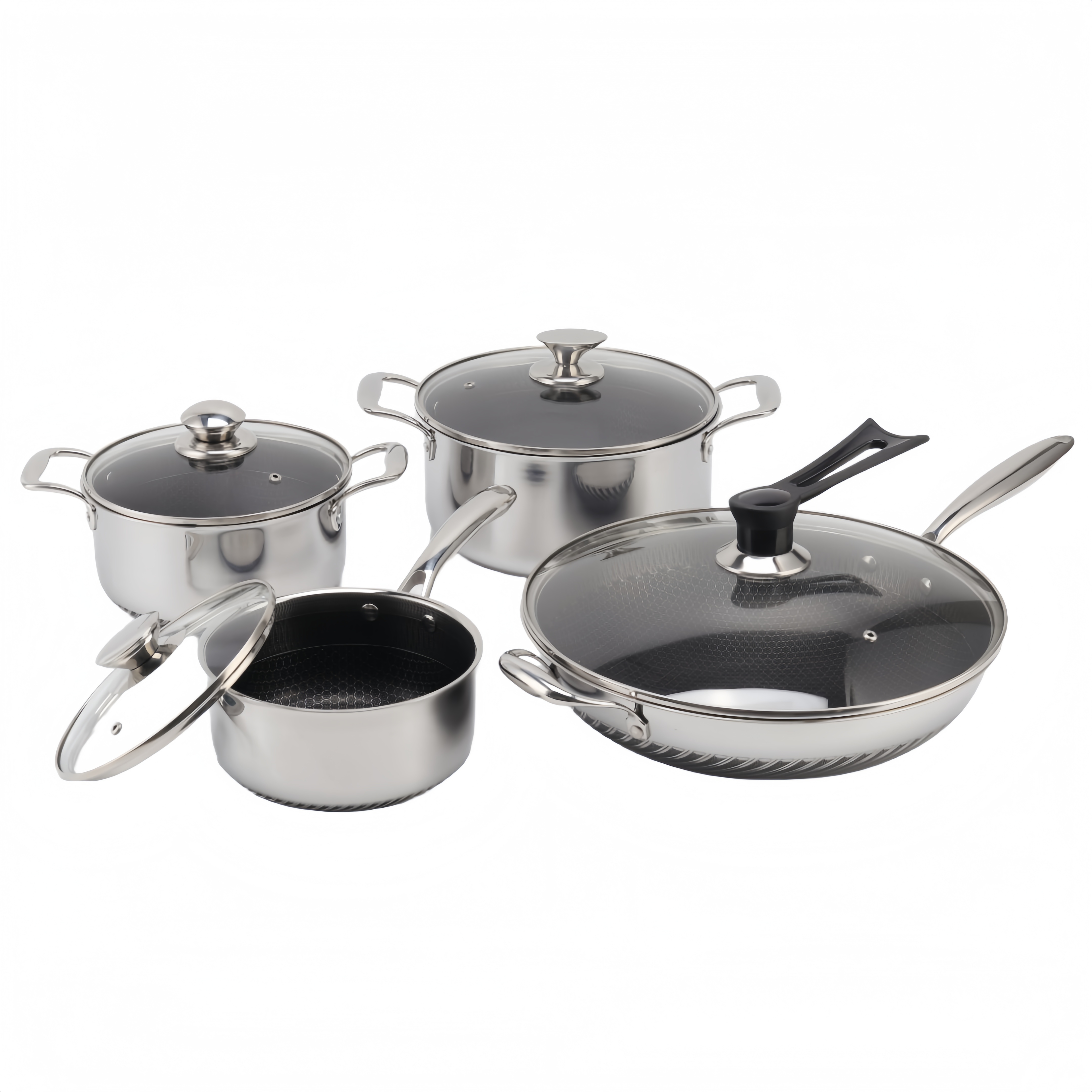Antihaftbeschichtetes, dreilagiges Waben-Kochgeschirr-Set aus Edelstahl, Töpfe und Pfannen aus Edelstahl, Bratpfanne, Wok, Pizzapfanne, Kochtopf, Topfset