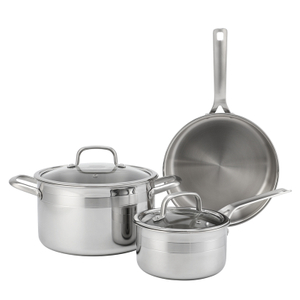 Dreifach-Kochgeschirr-Set aus Edelstahl, langlebige Metalltöpfe und -pfannen mit hochglanzpolierter Glasabdeckung und genietetem Griff