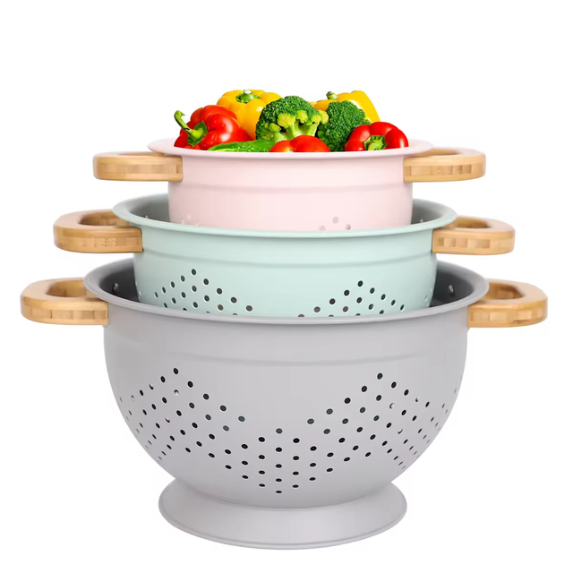Obst Gemüse Küche Sieb Siebe Set Edelstahl Abfluss Waschen Lagerung Abflusskorb Mit Holzgriff Deckel