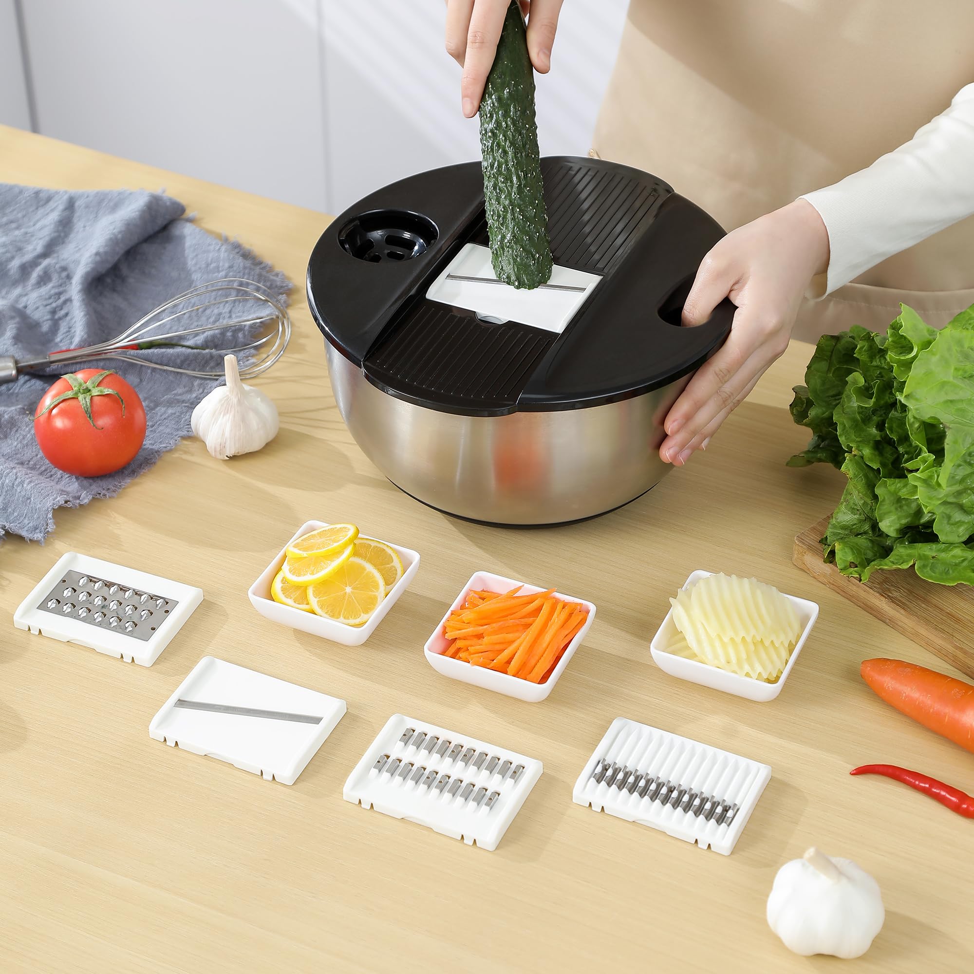 Multifunktions-Salatschleuder für Obst und Gemüse, groß, 5 l, Edelstahl, mit Reibe