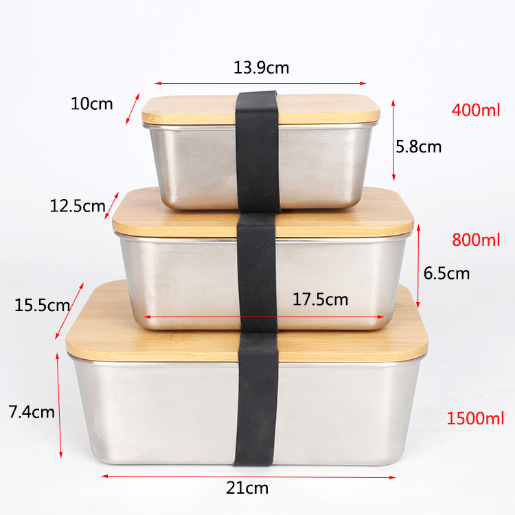 Bambusdeckel, Lebensmittelbehälter aus Edelstahl, Lebensmittelverpackungsbehälter, auslaufsichere Metall-Bento-Lunchbox, Lebensmittelträger aus Edelstahl