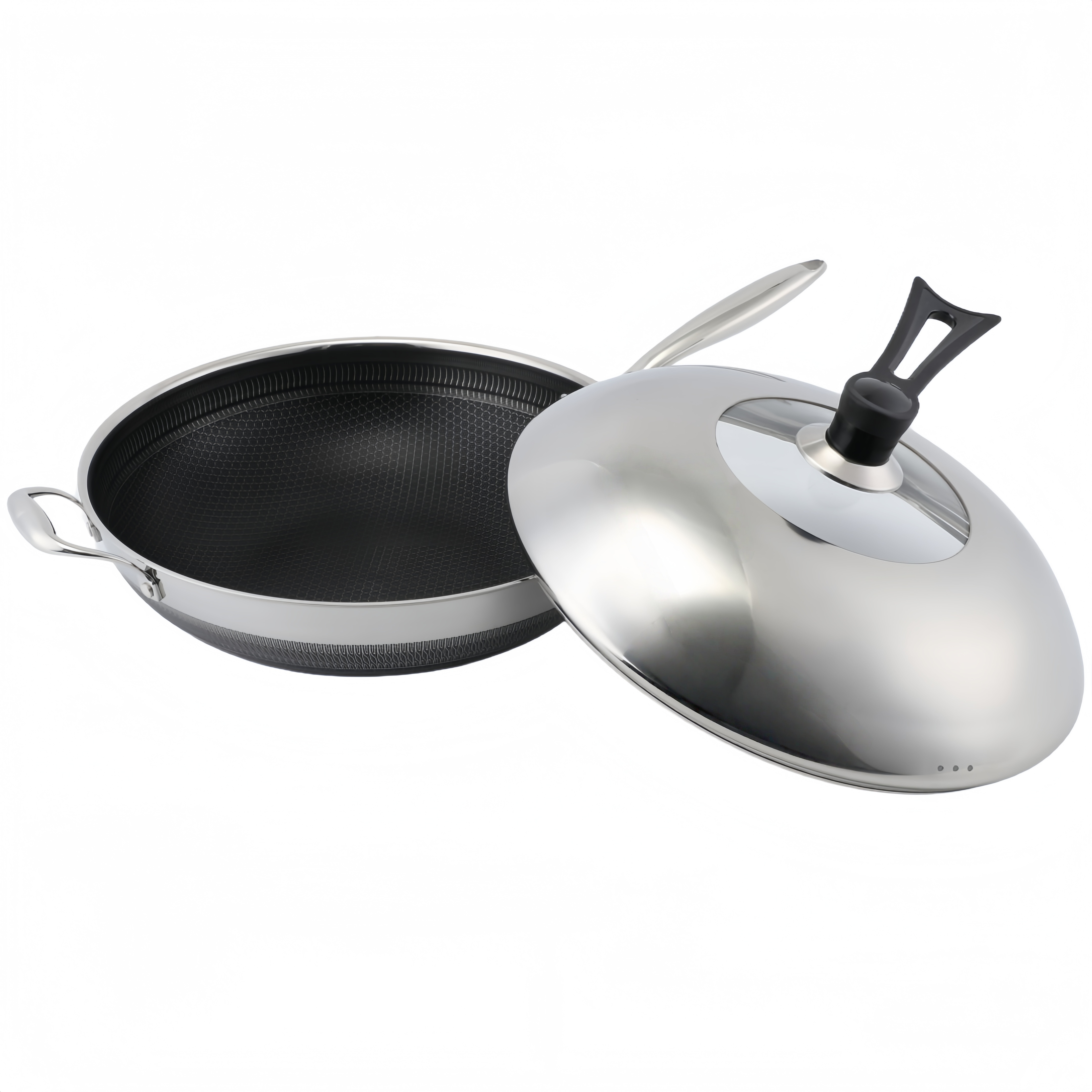 Hybrider TriPly-Edelstahl-Antihaft-Wok mit Griff, ohne Beschichtung, antihaftbeschichtetes Kochgeschirr, unterstützt ODM/OEM, ungiftig, ohne PFAS. PFAS