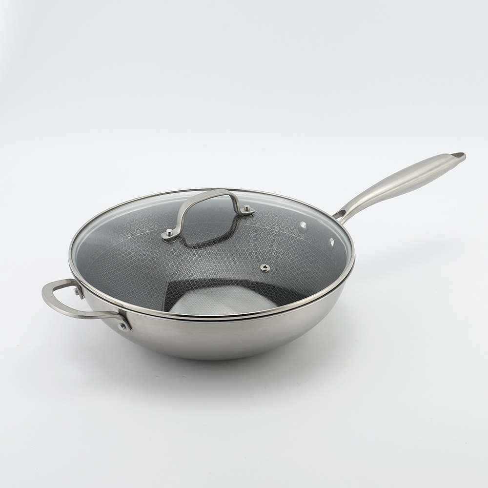 Dreilagige Hybrid-Pfanne und Wok mit doppelten Ohren, PFAS, PFOA-frei, Waben-Edelstahl-Antihaft-Wok-Pfanne, Kochgeschirr mit Glasdeckel
