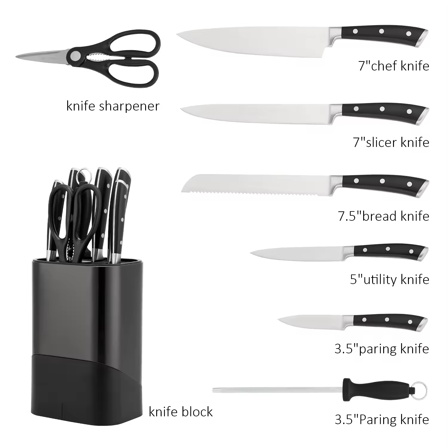Hochwertiges traditionelles Metall-Küchenschneider-Kochmesser-Set, ABS-Griff, Küchen-Kochmesser-Set mit Edelstahlblock