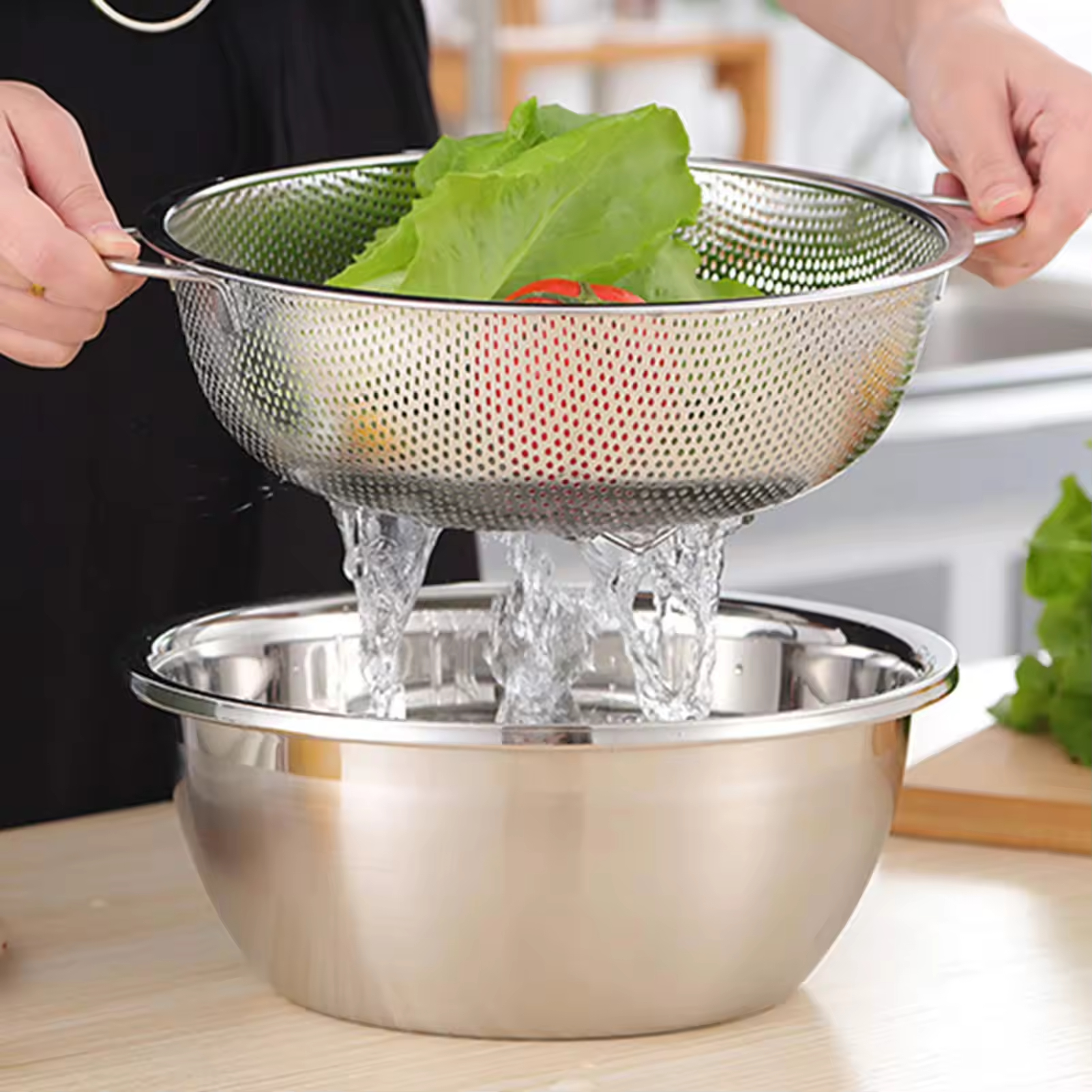 Neue Edelstahl-Küchensiebe mit Griff, Küchen-Lebensmittelsiebkorb zum Waschen von Gemüse, Obst und Gemüse