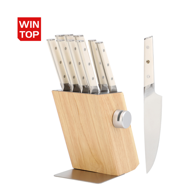 Hochwertiges, traditionelles Küchenmesser-Set aus Metall, klassisches Messerset aus Edelstahl mit Holzblock und Selbstschärfer