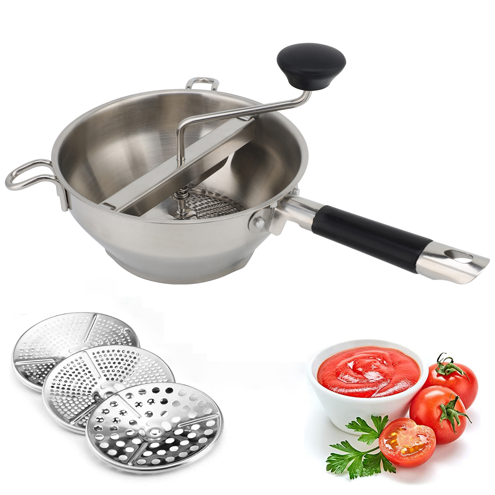 Rotierende Edelstahl-Lebensmittelmühlensiebe und Edelstahl-Rührschüssel-Sets, Kartoffelstampfer, Mühle, Gemüsemühle, Salatschüsseln