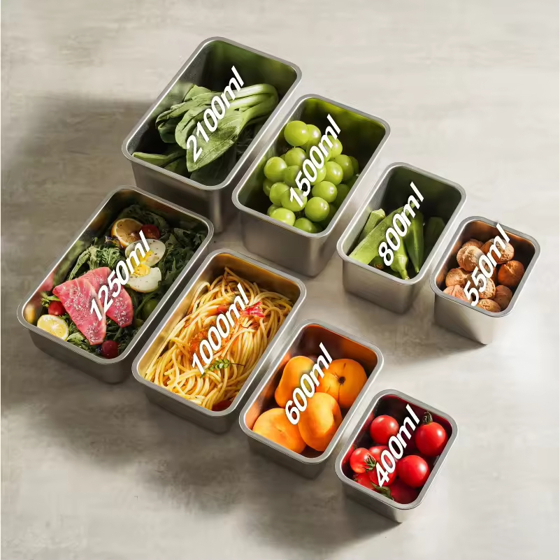 Design Frischhaltebox aus Edelstahl 304/316, aufsteckbare Kühlschrank-Aufbewahrungsbox, Heizung, Lebensmittelqualität, mikrowellenversiegelte Box
