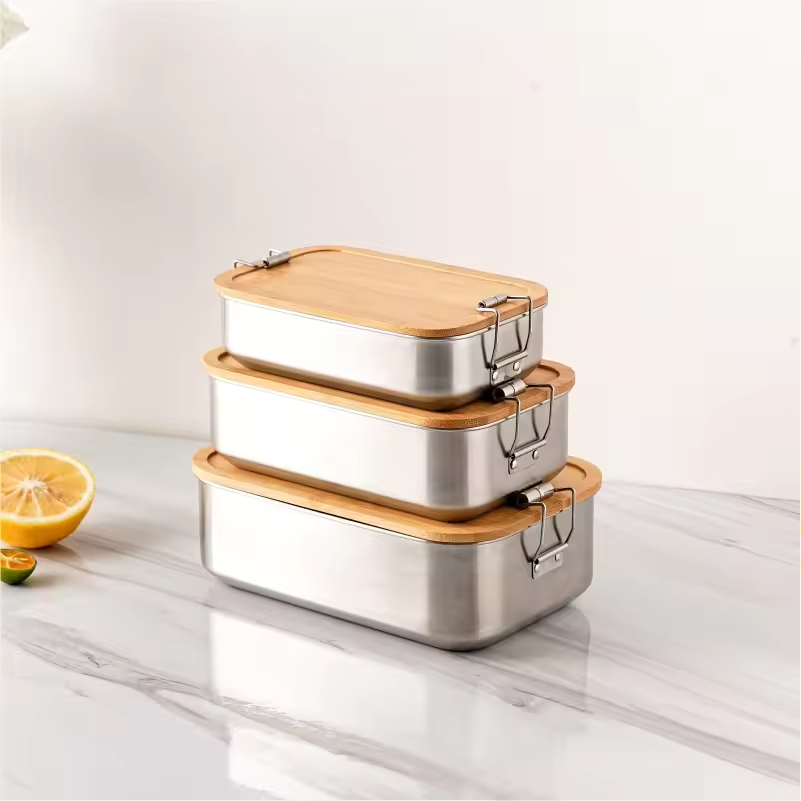 Neues Design 304 Edelstahl Frischhalte-Lunchbox Bambusdeckel Auslaufsichere Heizung Lebensmittelqualität Mikrowellenversiegelte Box