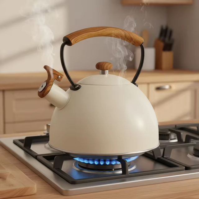 Fabrikgroßhandel 3L Pfeifender Teekessel Topf Holzmuster Cool-Touch-Griff Edelstahl-Heißwasser-Teekanne für ALLE Herdplatten