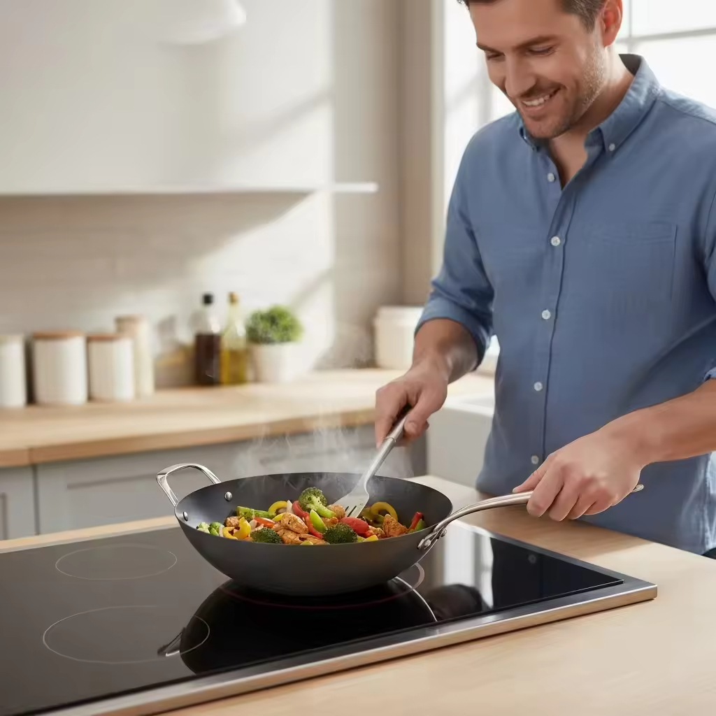 Fabrik-exklusives Design, gewürzter Karbonstahl, 14 Zoll/35 cm, Wok-Pfanne, natürlich antihaftbeschichtet, Pfannen, Bratpfannen, Induktionskompatibel
