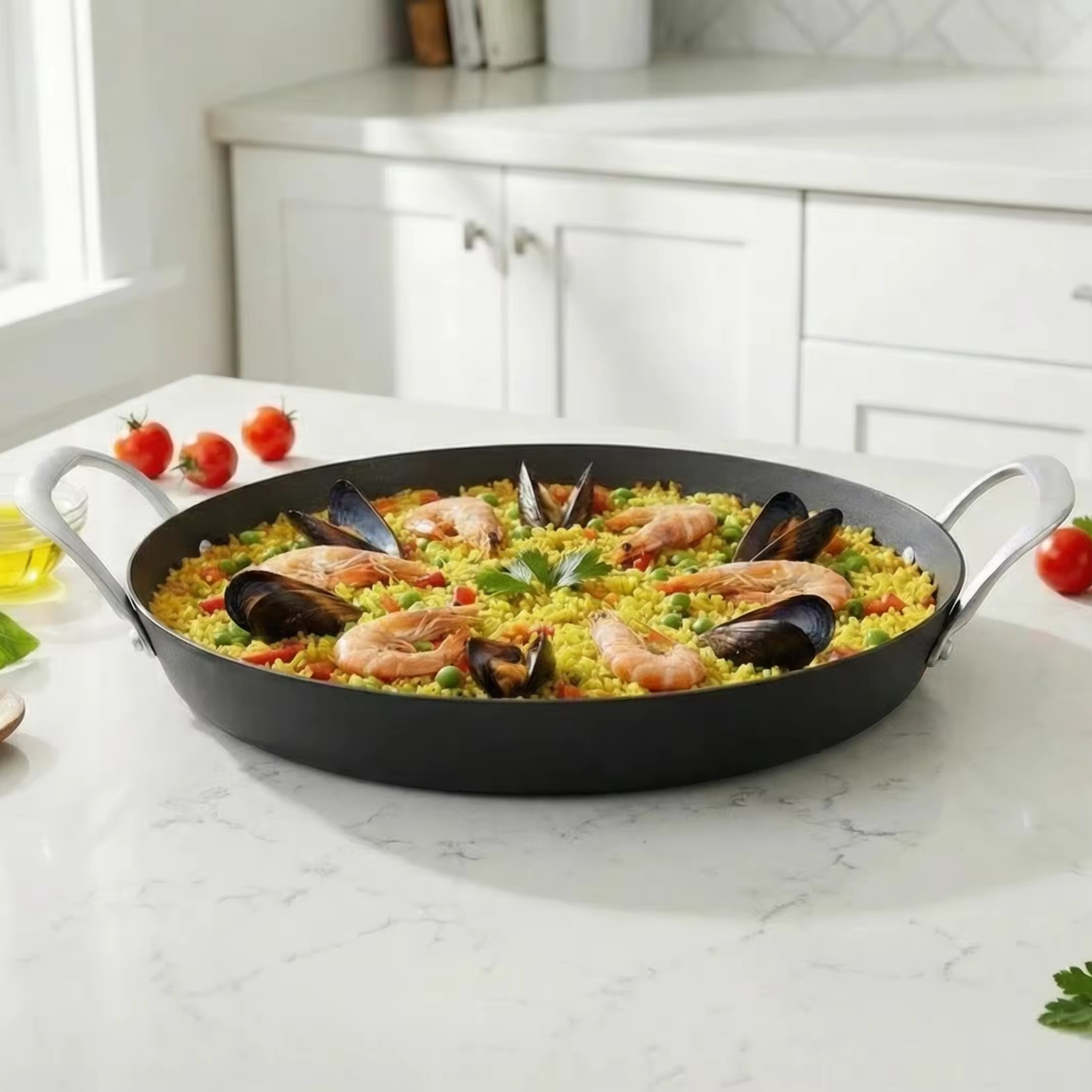 Paella-Pfanne, 14 Zoll/35 cm, im exklusiven Design der Fabrik, aus abgelagertem Karbonstahl, natürlich antihaftbeschichtete Pfannen, Bratpfannen, Induktionskompatibel