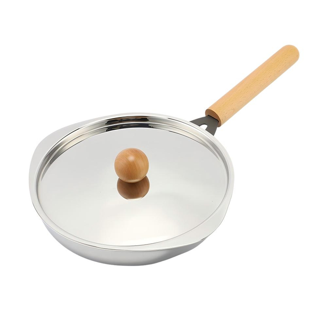 Werkseitig angepasste Dreifach-Kochpfanne in Lebensmittelqualität, Edelstahl, nicht beschichtet, Bratpfanne zum Ausgießen, Bratpfanne, Omlet mit Holzgriffdeckel
