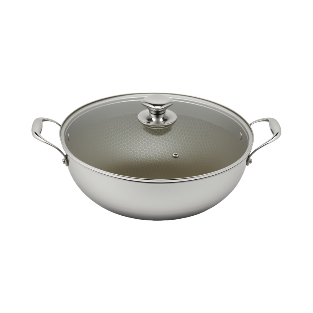 Dreilagige Hybrid-Pfanne und Wok mit Doppelohren, PFAS, PFOA-frei, Titanbeschichtung, Edelstahl, Antihaft-Wok-Pfanne, Kochgeschirr mit Glasdeckel