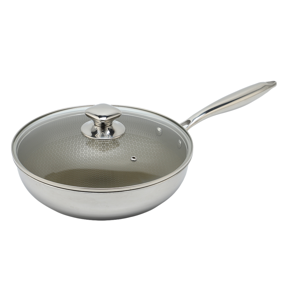 Dreilagige Hybrid-Pfanne und Wok mit Doppelohren, PFAS, PFOA-frei, Titanbeschichtung, Edelstahl, Antihaft-Wok-Pfanne, Kochgeschirr mit Glasdeckel