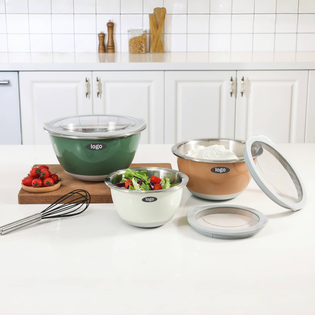 Buntes 3-teiliges Doppelschicht-Rührschüssel-Set im Großhandel, 16/20/24 cm, innen Edelstahl, außen Kunststoff und guter Halt, breiter Rand