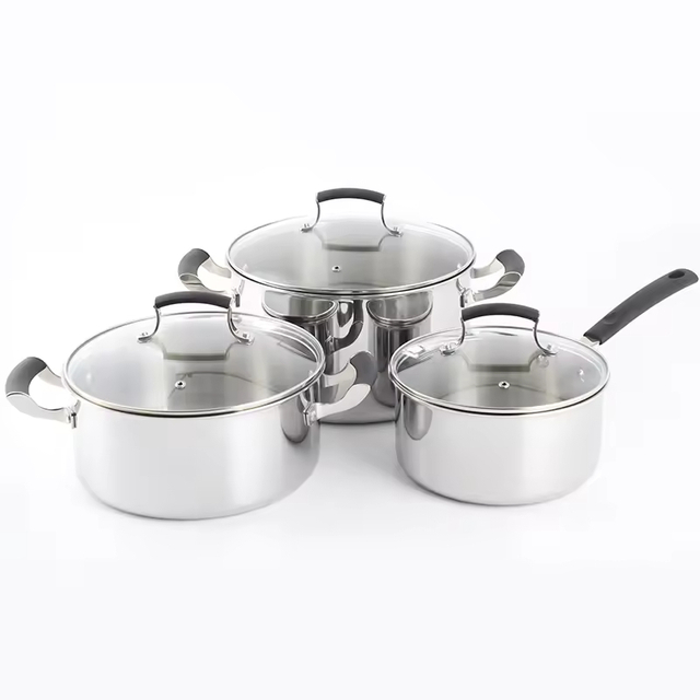 High Quitity 9-teiliges dreilagiges Edelstahl-Küchengeschirr-Kochtopf-Kochgeschirr-Set mit Deckel aus gehärtetem Glas