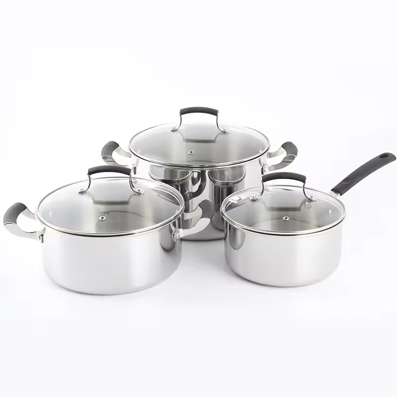High Quitity 9-teiliges dreilagiges Edelstahl-Küchengeschirr-Kochtopf-Kochgeschirr-Set mit Deckel aus gehärtetem Glas
