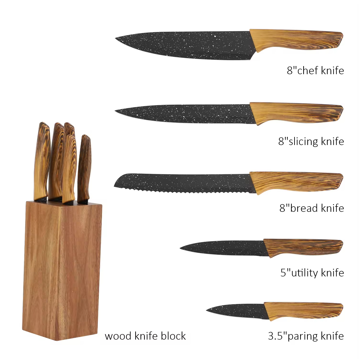 Hochwertiges traditionelles Metall-Küchenschneider-Kochmesser-Set, Edelstahl, schwarz, antihaftbeschichtet, 6-teiliges Messerblock-Set