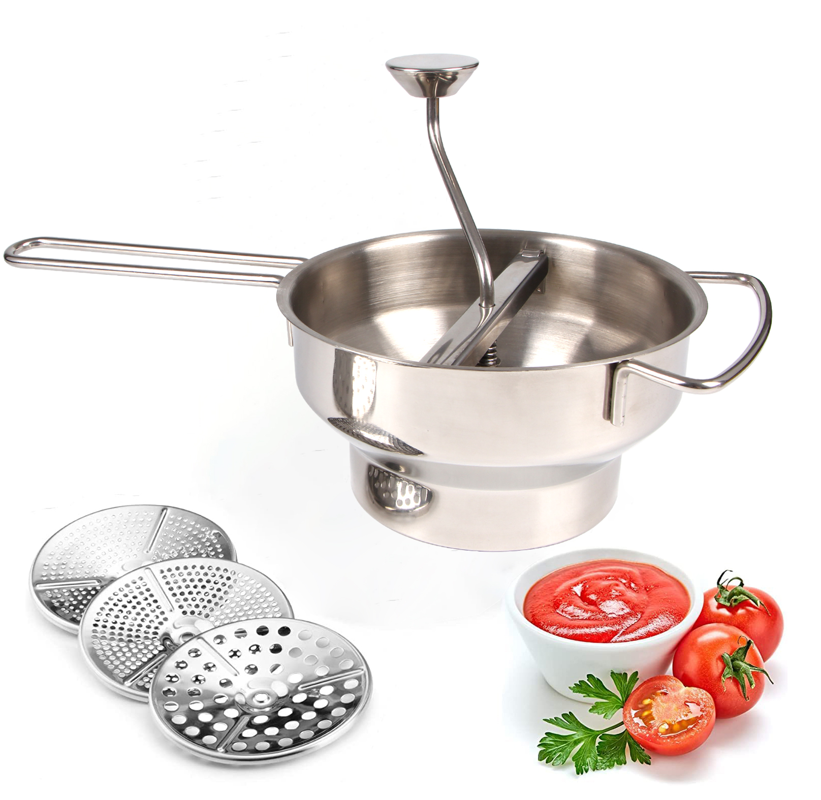Rotierende Edelstahl-Lebensmittelmühle, Sieb, Kartoffelstampfer, Mühle, Gemüsemühle, Edelstahlgriff mit 3 Mahlscheiben