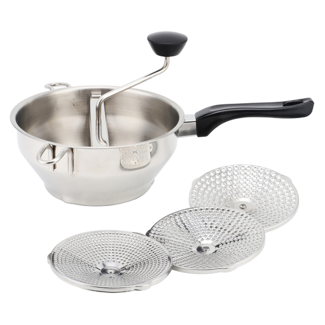 Rotierende Edelstahl-Lebensmittelmühle, Sieb, Kartoffelstampfer, Mühle, Gemüsemühle, schwarzer Griff mit 3 Mahlscheiben