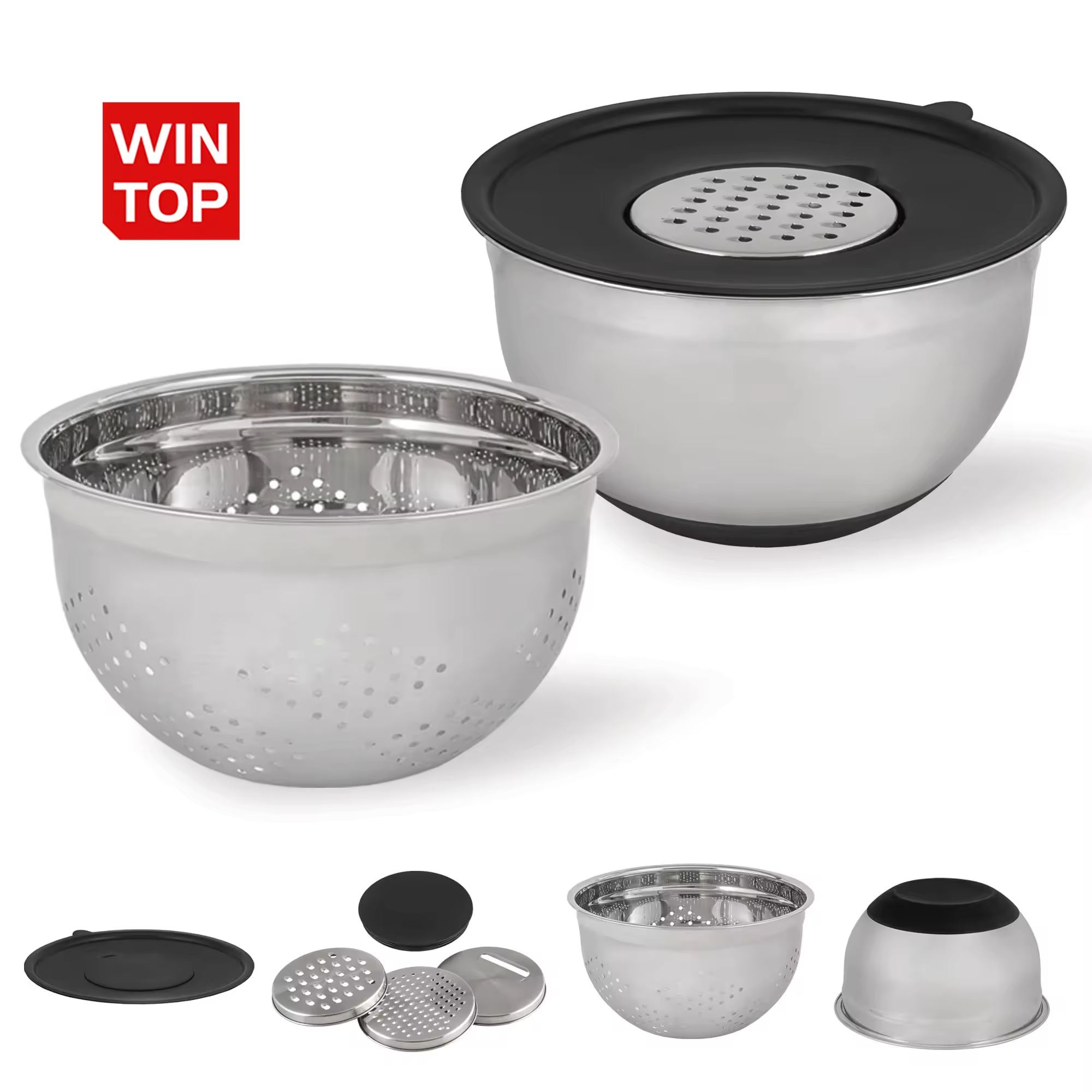 Großhandel Multi Edelstahl Sieb Becken Reibe Sieb 3 in 1 Rührschüsseln mit Korb Gemüseschneider Sieb Set