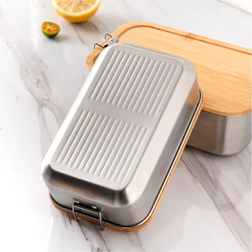 Neues Design 304 Edelstahl Frischhalte-Lunchbox Bambusdeckel Auslaufsichere Heizung Lebensmittelqualität Mikrowellenversiegelte Box