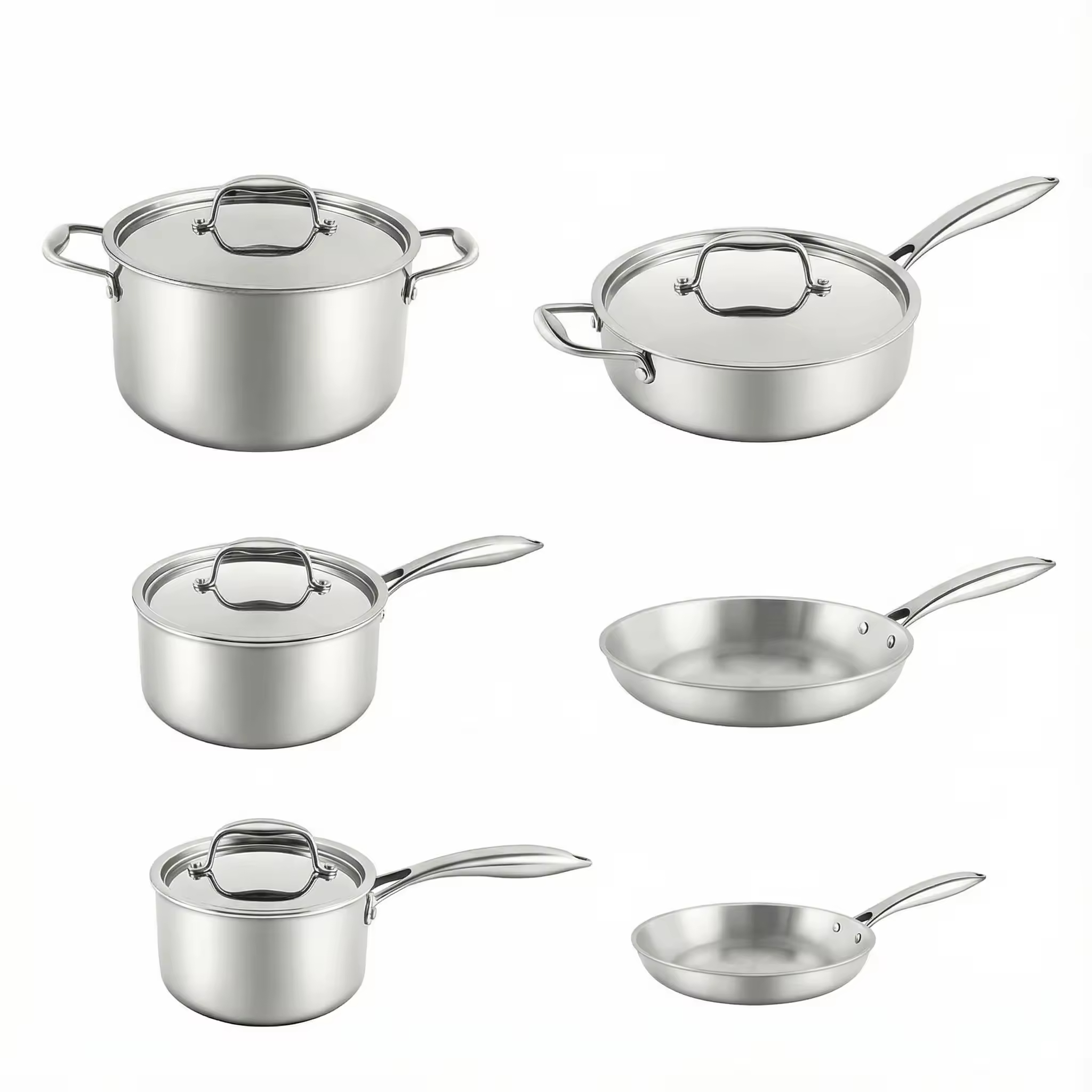 Modernes 10-teiliges Kochtopf-Set aus Edelstahl, umweltfreundlich, ofenfest, Induktionsboden, gehärteter Glasdeckel, Metallpfannen, effizient
