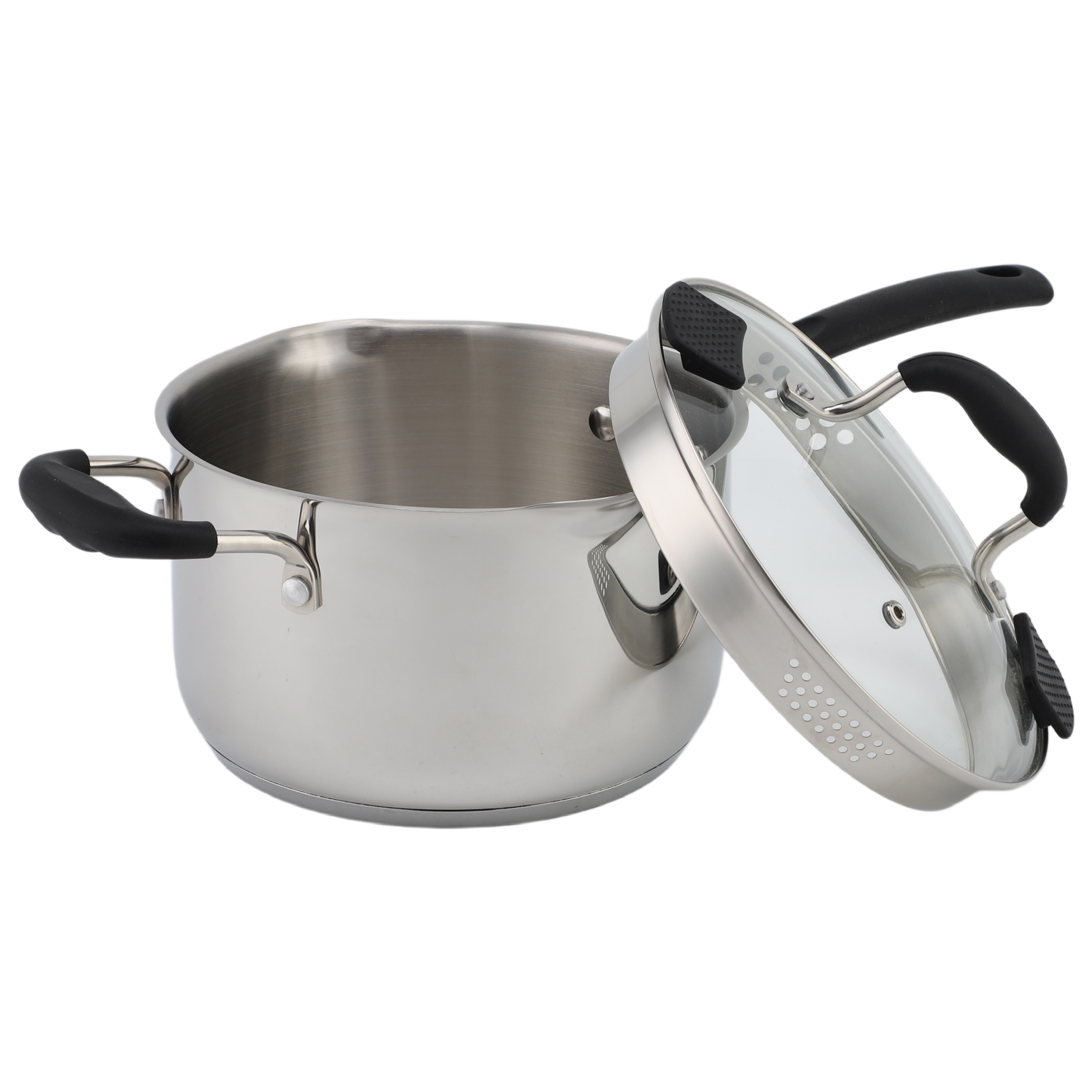 Factory Supply Edelstahl-Töpfe und Pfannen, 6-teiliges Kochgeschirr-Set mit Kunststoffgriff und Deckel, gelöteter Boden, Kochgeschirr-Set, Auflauf
