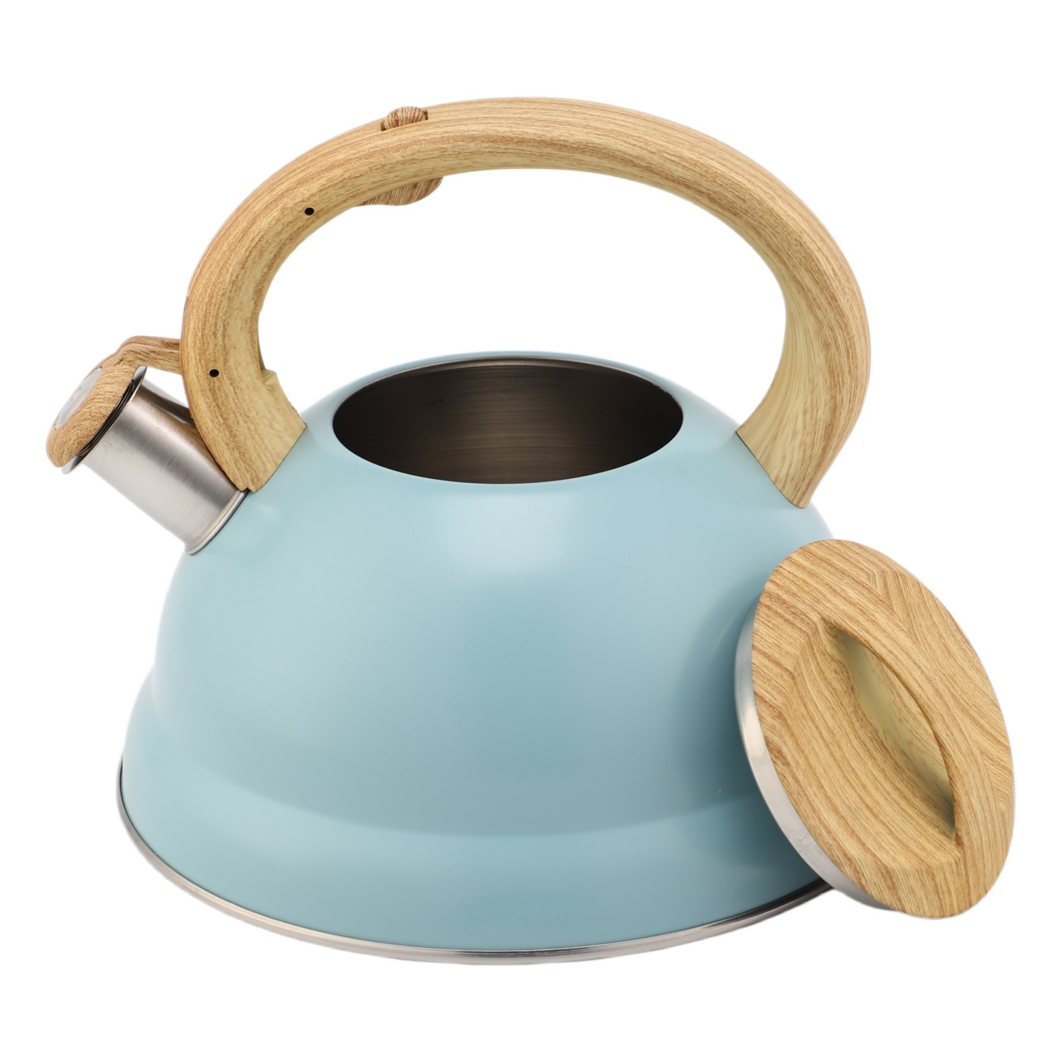Fabrikgroßhandel 3L Pfeifender Teekessel Teekanne Kundenspezifische Farbe Edelstahl Heißwasser für ALLE Herdplatten mit Holzgriff