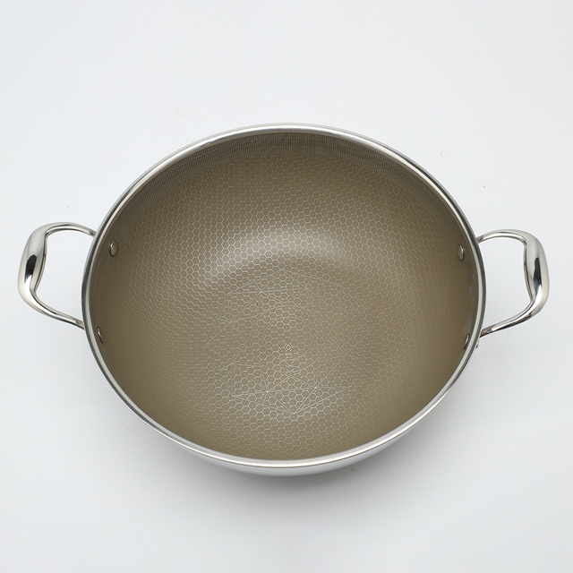 Dreilagige Hybrid-Pfanne und Wok mit Doppelohren, PFAS, PFOA-frei, Titanbeschichtung, Edelstahl, Antihaft-Wok-Pfanne, Kochgeschirr mit Glasdeckel
