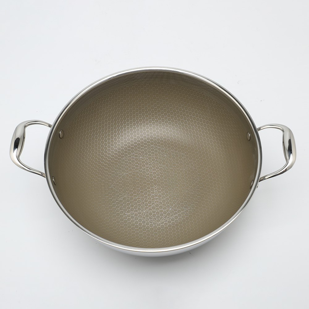 Dreilagige Hybrid-Pfanne und Wok mit Doppelohren, PFAS, PFOA-frei, Titanbeschichtung, Edelstahl, Antihaft-Wok-Pfanne, Kochgeschirr mit Glasdeckel