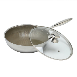 Dreilagige Hybrid-Pfanne und Wok mit Doppelohren, PFAS, PFOA-frei, Titanbeschichtung, Edelstahl, Antihaft-Wok-Pfanne, Kochgeschirr mit Glasdeckel