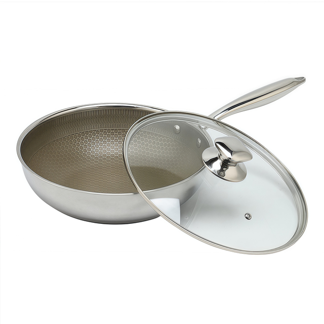 Dreilagige Hybrid-Pfanne und Wok mit Doppelohren, PFAS, PFOA-frei, Titanbeschichtung, Edelstahl, Antihaft-Wok-Pfanne, Kochgeschirr mit Glasdeckel
