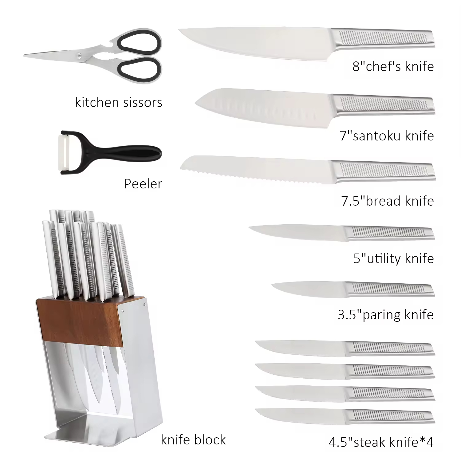 Hochwertiges traditionelles Küchenschneider-Set aus Metall, klassisches Messerset aus Edelstahl mit Holzblock