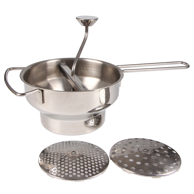 Rotierende Edelstahl-Lebensmittelmühle, Sieb, Kartoffelstampfer, Mühle, Gemüsemühle, Edelstahlgriff mit 3 Mahlscheiben