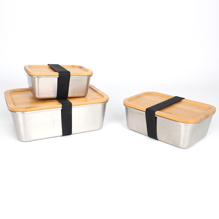 Bambusdeckel, Lebensmittelbehälter aus Edelstahl, Lebensmittelverpackungsbehälter, auslaufsichere Metall-Bento-Lunchbox, Lebensmittelträger aus Edelstahl