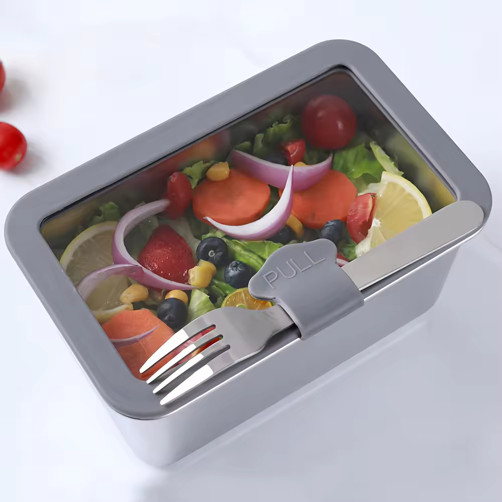 Design 304 Edelstahl Frischhalte-Lunchbox Glasabdeckung Auslaufsichere Heizung Lebensmittelqualität Mikrowellenversiegelte Box