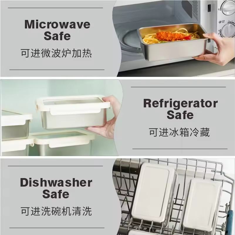 Design Frischhaltebox aus Edelstahl 304/316, aufsteckbare Kühlschrank-Aufbewahrungsbox, Heizung, Lebensmittelqualität, mikrowellenversiegelte Box