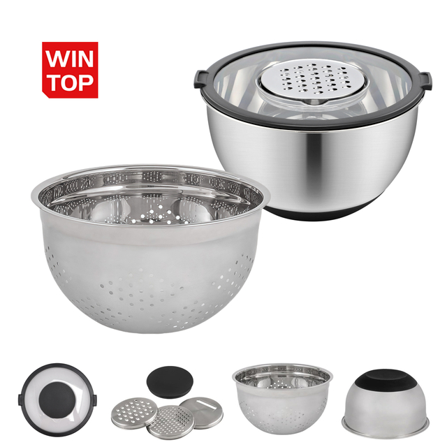 Großhandel Multi Edelstahl Sieb Becken Reibe Sieb 3 in 1 Rührschüsseln mit Korb Gemüseschneider Sieb Set