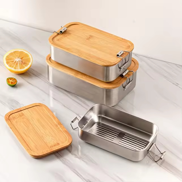Neues Design 304 Edelstahl Frischhalte-Lunchbox Bambusdeckel Auslaufsichere Heizung Lebensmittelqualität Mikrowellenversiegelte Box