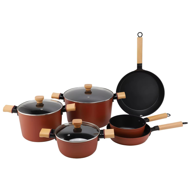 9-teiliges, anpassbares Keramik-Antihaft-Pfannen- und Töpfe-Set, Induktions-Kochgeschirr-Set aus Aluminiumguss, Töpfe und Pfannen-Set mit Holzgriff