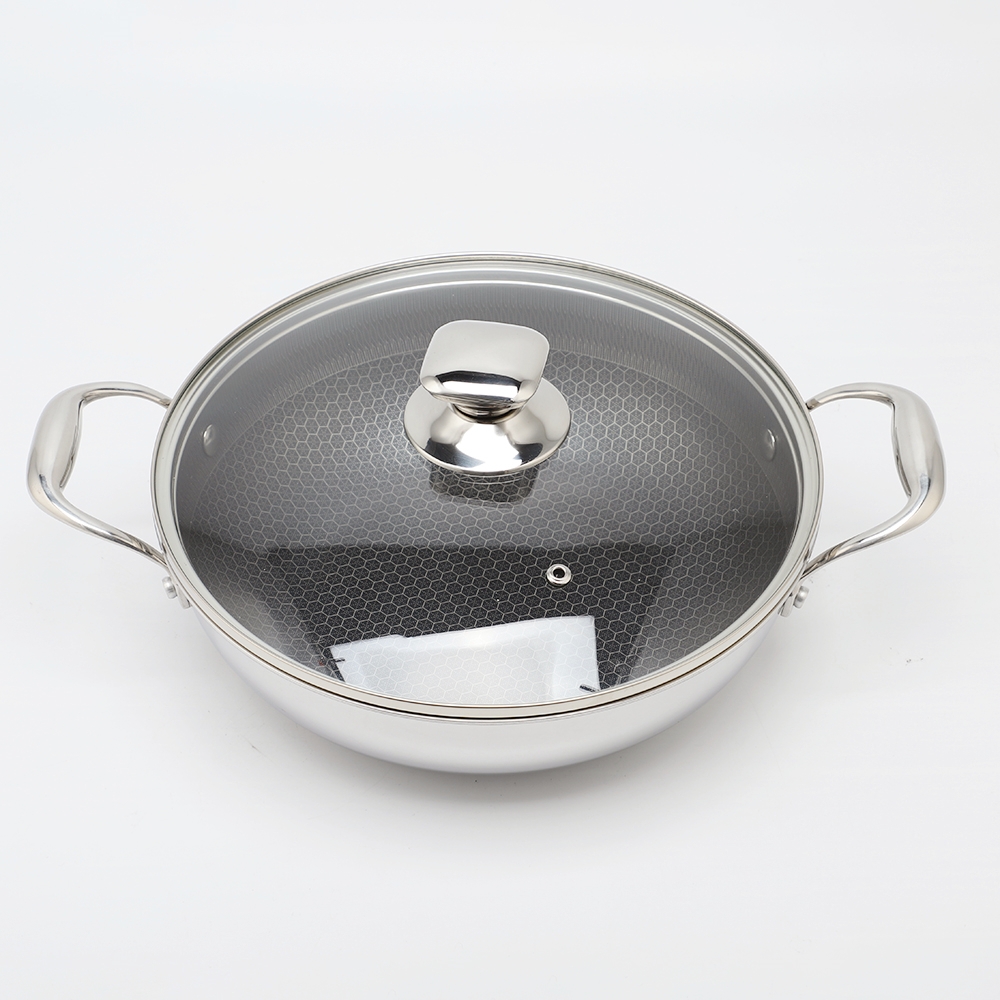Dreilagige Hybrid-Pfanne und Wok mit doppelten Ohren, PFAS, PFOA-frei, Waben-Edelstahl-Antihaft-Wok-Pfanne, Kochgeschirr mit Glasdeckel