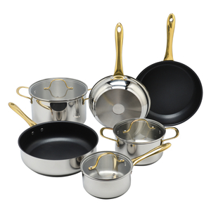 Großhandel mit kundenspezifischen goldfarbenen Griffen, 9-teiliges, ungiftiges Küchen-Kochgeschirr-Set mit schlagfestem Boden aus Edelstahl, Töpfen und Pfannen