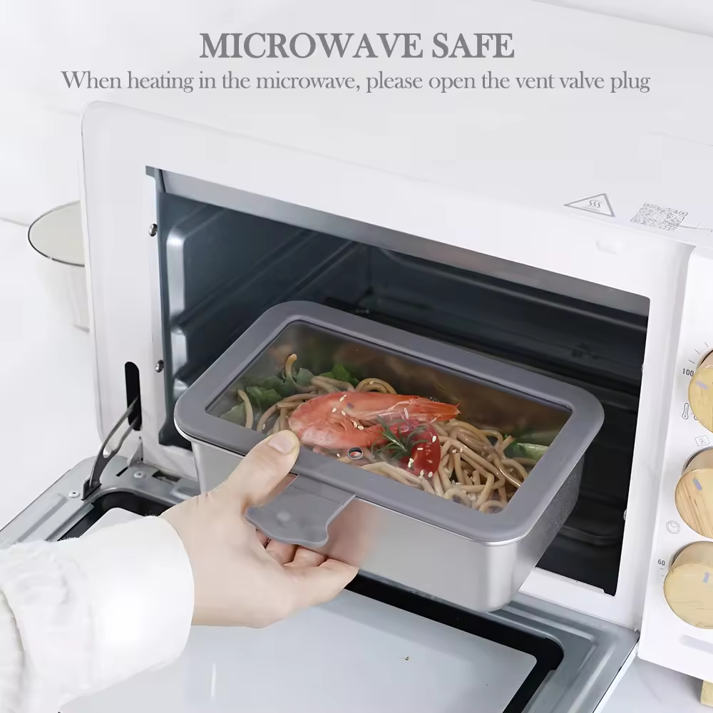 Design 304 Edelstahl Frischhalte-Lunchbox Glasabdeckung Auslaufsichere Heizung Lebensmittelqualität Mikrowellenversiegelte Box