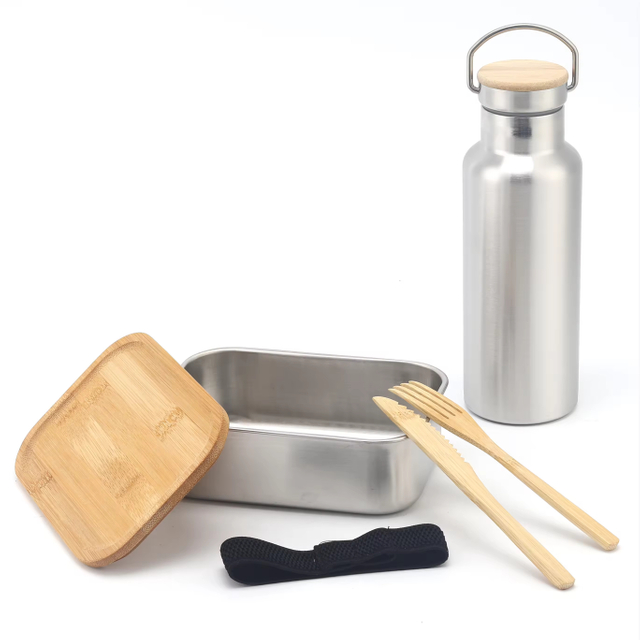 Wasserflasche aus Edelstahl 304 und Bambusdeckel, Lunchbox, Lebensmittelverpackungsbehälter, auslaufsichere Metall-Bento-Lunchbox, Lebensmittelträger