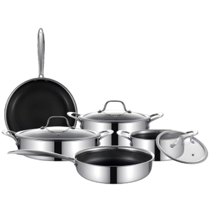 8-teiliges Antihaft-Kochgeschirr-Set aus Edelstahl mit Hex-Hybrid-Wabenboden, Kochtopf, Suppentopf, Bratpfanne, Wok-Set mit Glasdeckel