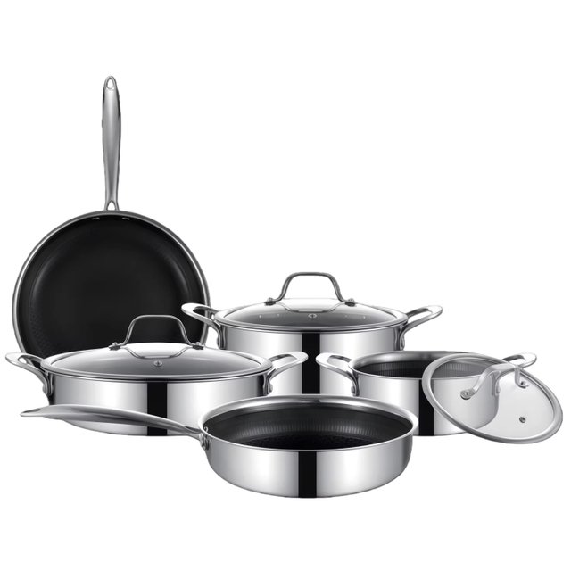 8-teiliges Edelstahl-Antihaft-Brühtöpfe-Set mit Hex-Hybrid-Wabenboden, Kochtopf, Suppentopf, Bratpfanne und Wok-Set mit Glasdeckel