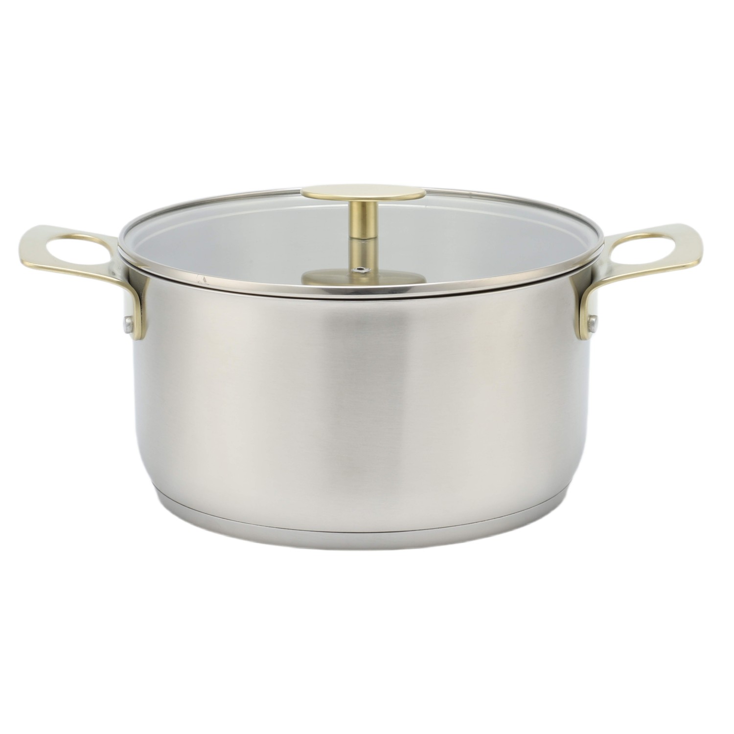 Fabrikneues Ankunfts-Edelstahl-Kochgeschirr-Set mit Kochtöpfen mit goldenem Griff und gelötetem Boden. Kochgeschirr-Set, Kochtopf, Bratpfanne