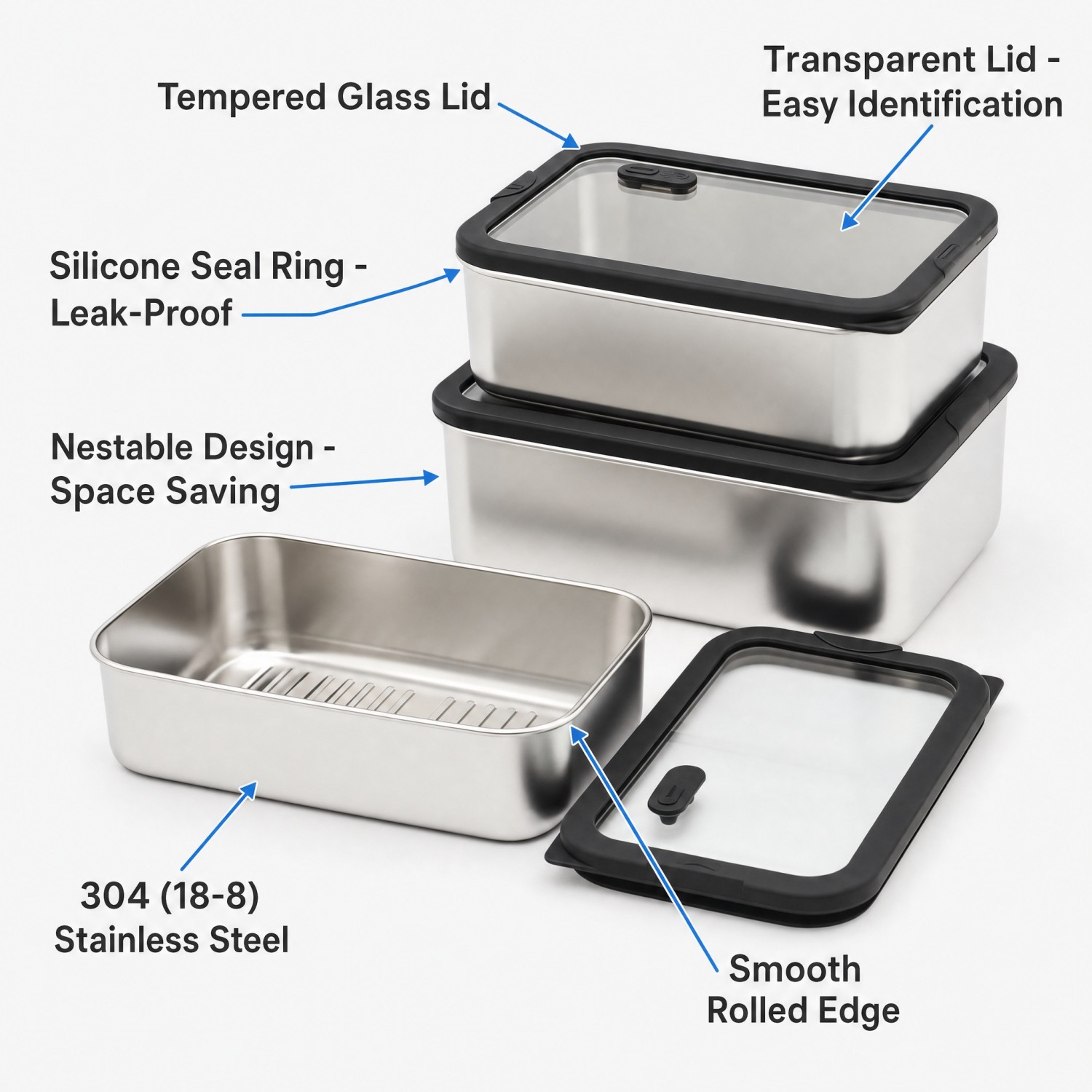 Neues Design 304 Edelstahl Frischhalte-Lunchbox Glasabdeckung Auslaufsichere Heizung Lebensmittelqualität Mikrowellenversiegelte Box